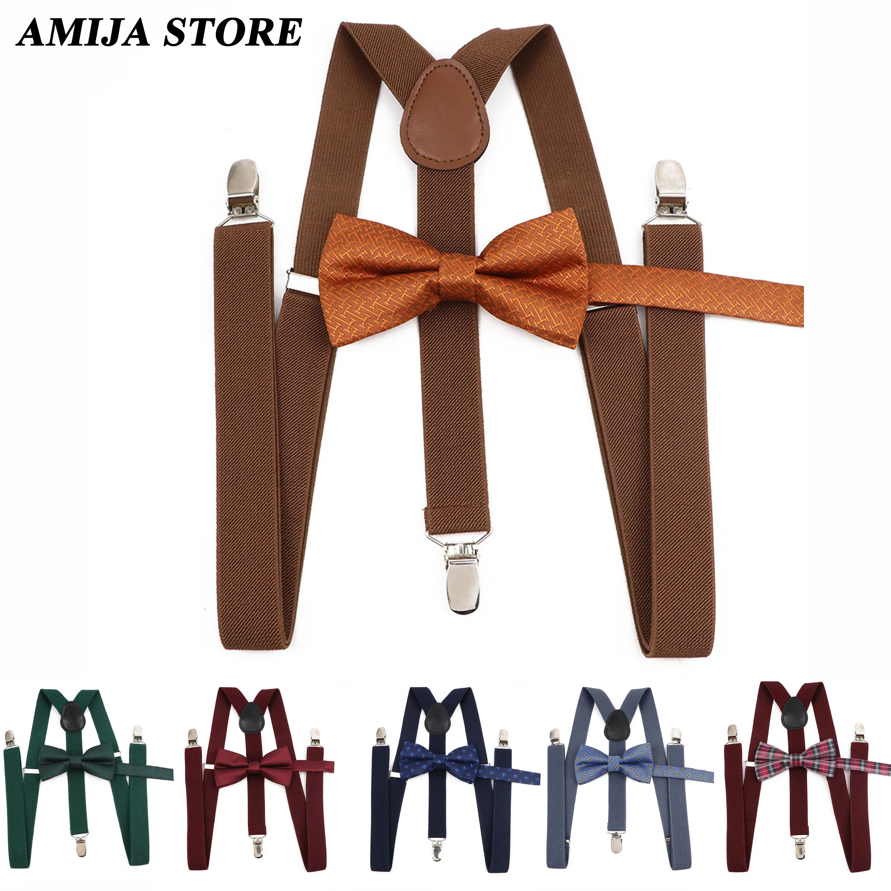 Fashion Unisex Brown Plaid Striped Suspender Set Braces With Bowtie Clip-on Elastic Y-back Mens Straps Butterfly Party Meeting W