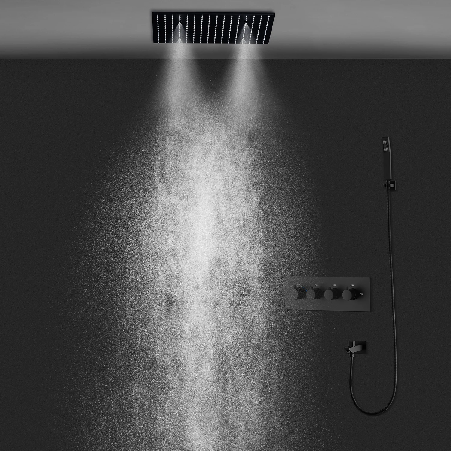 OLEFY Bathroom Ceiling Shower 20 Inch Black Spray LED Rain Shower Head Concealed Shower Set With Spout Thermostatic Mixer Set