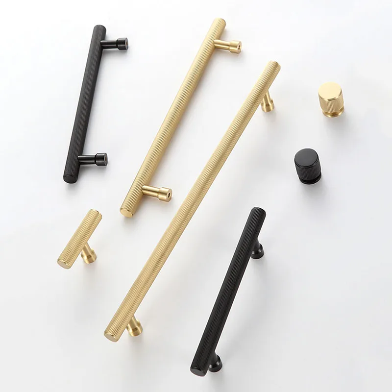 TB9013 Gold Black Solid Brass Handle with Straight Line Cabinet T-bar Wardrobe Pulls Furniture Door Knobs