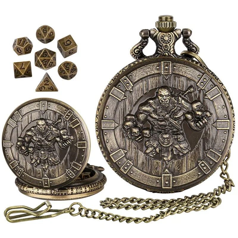 

Retro Barbarian Skull Head Pocket Watch Case Pendant Chain 7 X Metal Polyhedral Dice Set Gaming Accessory for Role Play