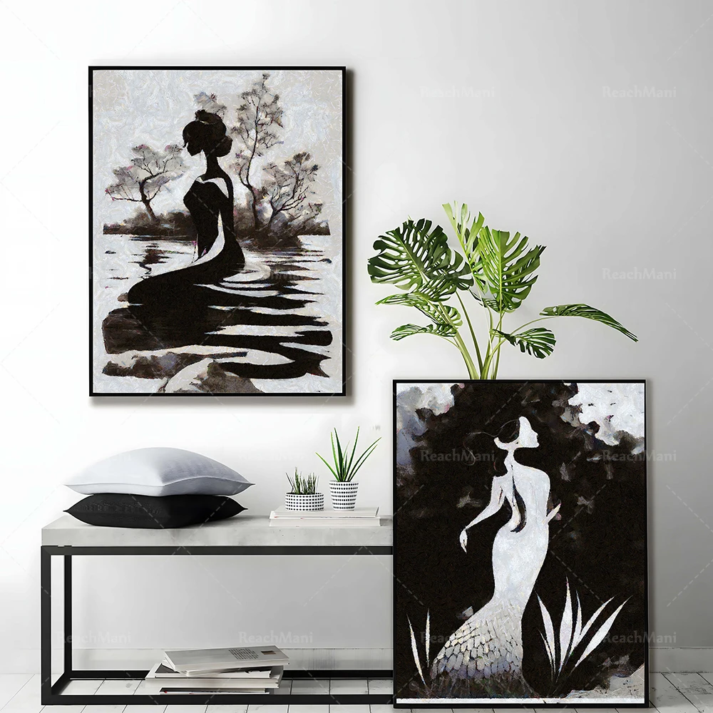 Mermaid by the lake, lithograph black and white fantasy, silhouette of lady by the lake, mermaid, fairy tale, fantasy art poster