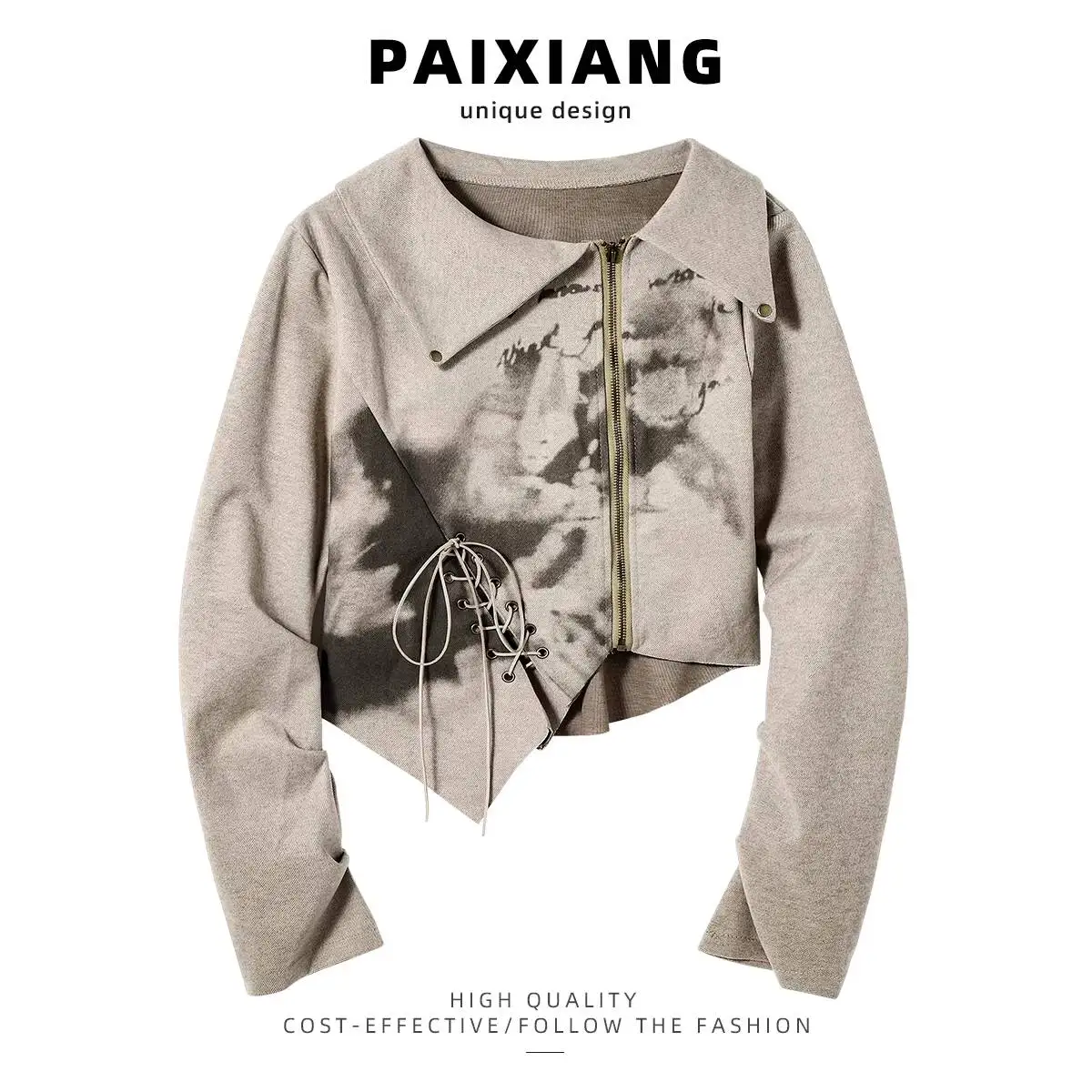 

Women Crop T-shirt 2026 Spring New Asymmetric Neck Lace Up Zipper Long Sleeve Short Jacket For Women Unique Design Coat Top