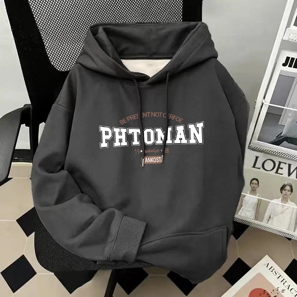 Floral Gray Men and Women Couple Hooded Hooded Velvet Thickened Sweatshirt Jacket Trendy