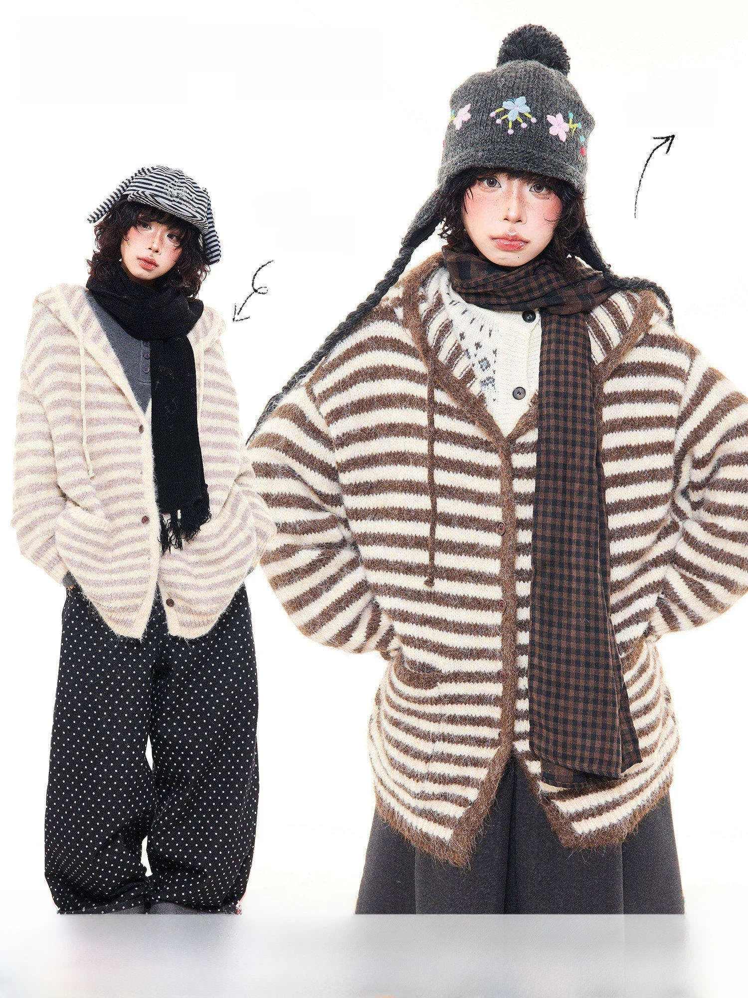 

Женский свободный повседневный кардиган MKGO в американском ретро-стиле с полосками, с капюшоном, вязаный, осенне-зимний, удобный, из полиэстера