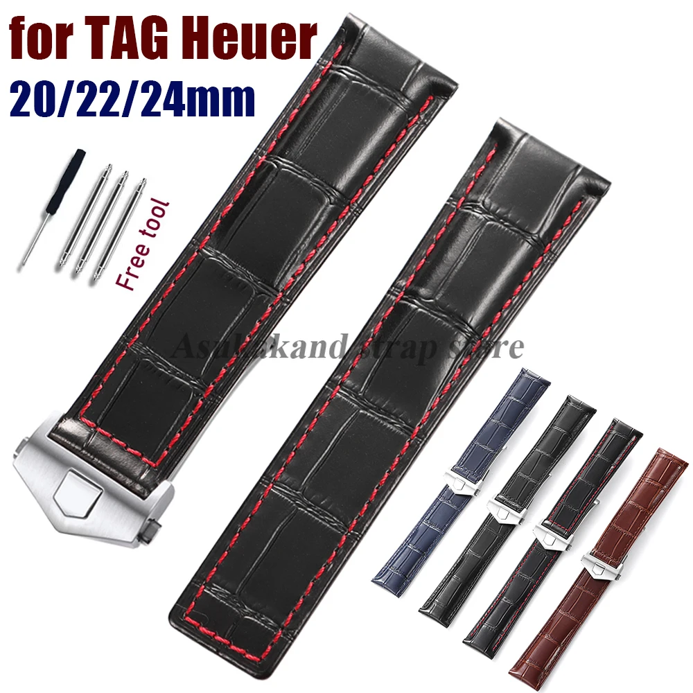 20mm 22mm 24mm Black Band Bamboo Patterned Cowhide Leather Watch Straps for Tag Heuer Carrera Monaco Wristbelt Business Bracelet