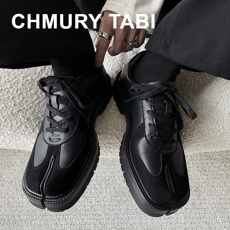 

CHUMURY Tabi Shoes Loafer Sneakers Chunky Lace Up Black Flat Shoes for Men
