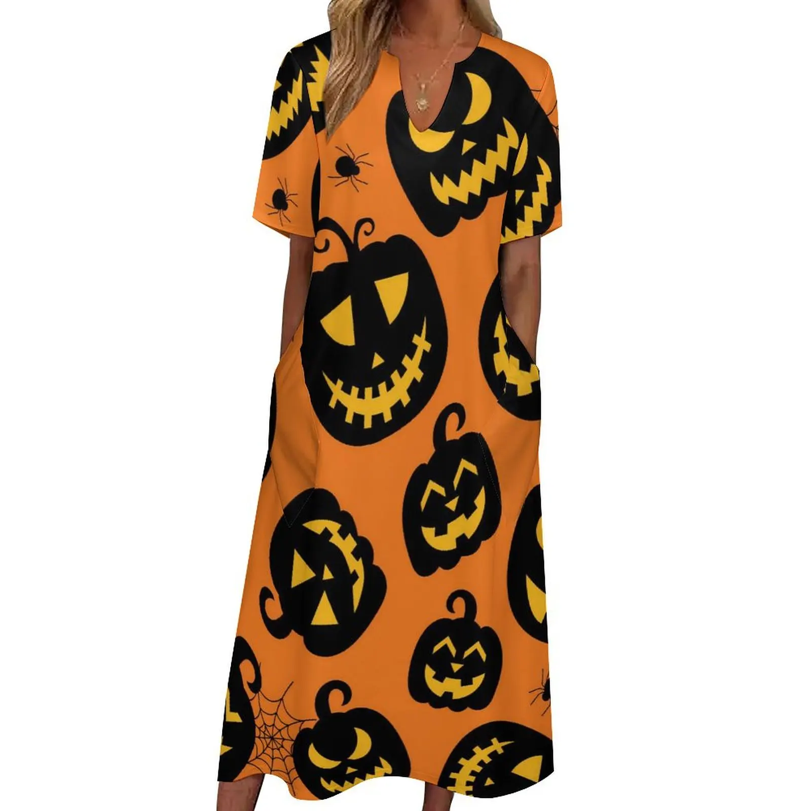 Happy Haunts Dress Halloween Pumpkin Cute Maxi Dress V Neck Design Casual Long Dresses Street Wear Oversized Vestido