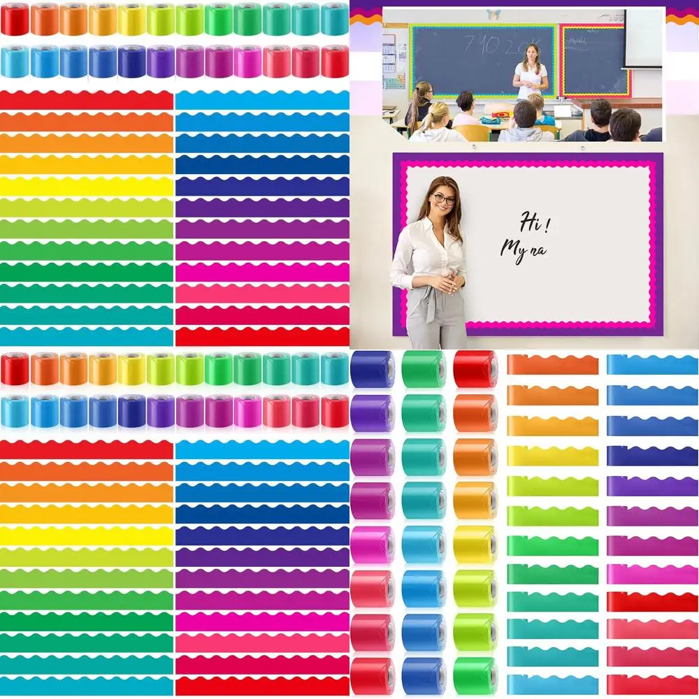 

Красочные 24-рулонные радужные бордюры для досок объявлений, декоративная зубчатая отделка 944,9 футов для досок объявлений для школы и офиса