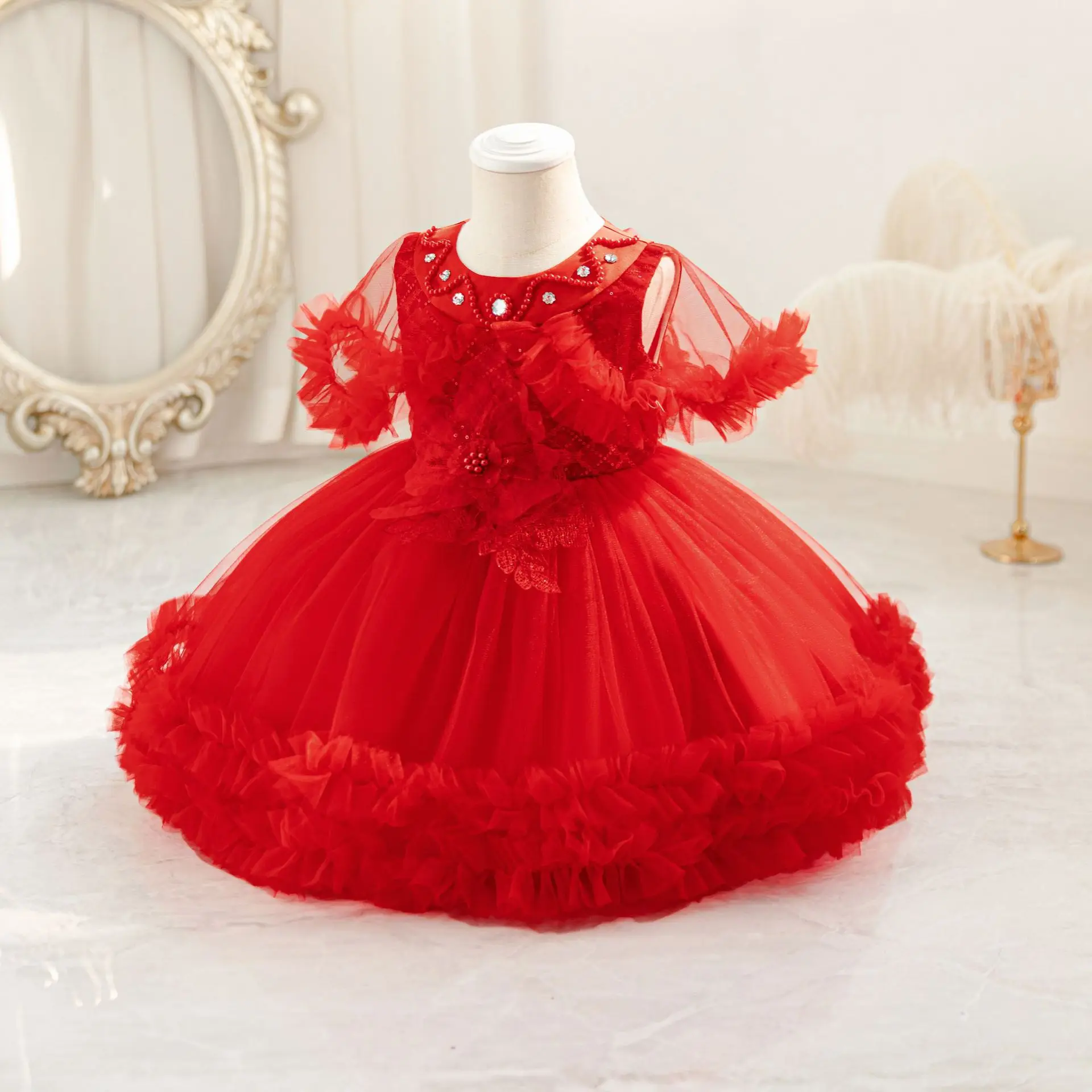 HETISO Princess Dress for Girls Beaded Lace Summer Korean Pearl Flower Ball Gown Yarn Fashionable Baby Dress for 0-4 Years Old
