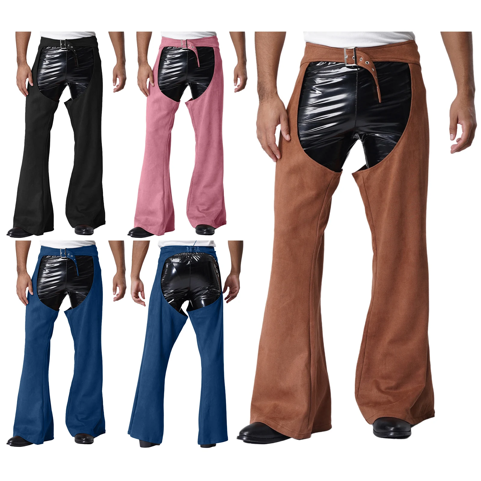 

Mens Faux Suede Cowboy Chap Pants Vintage Western Cowboy Role Play Costume Hollow Out Riding Pants Hippie Wide Leg Trousers