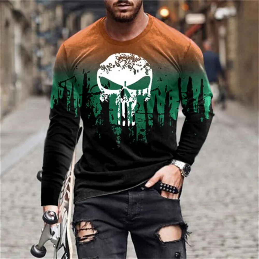 3D Printing Skull Male Long Sleeve T-shirt Round Neck Men\'s Clothing XXS -6XL Large Size Men Clothing High Quality Fibre Top