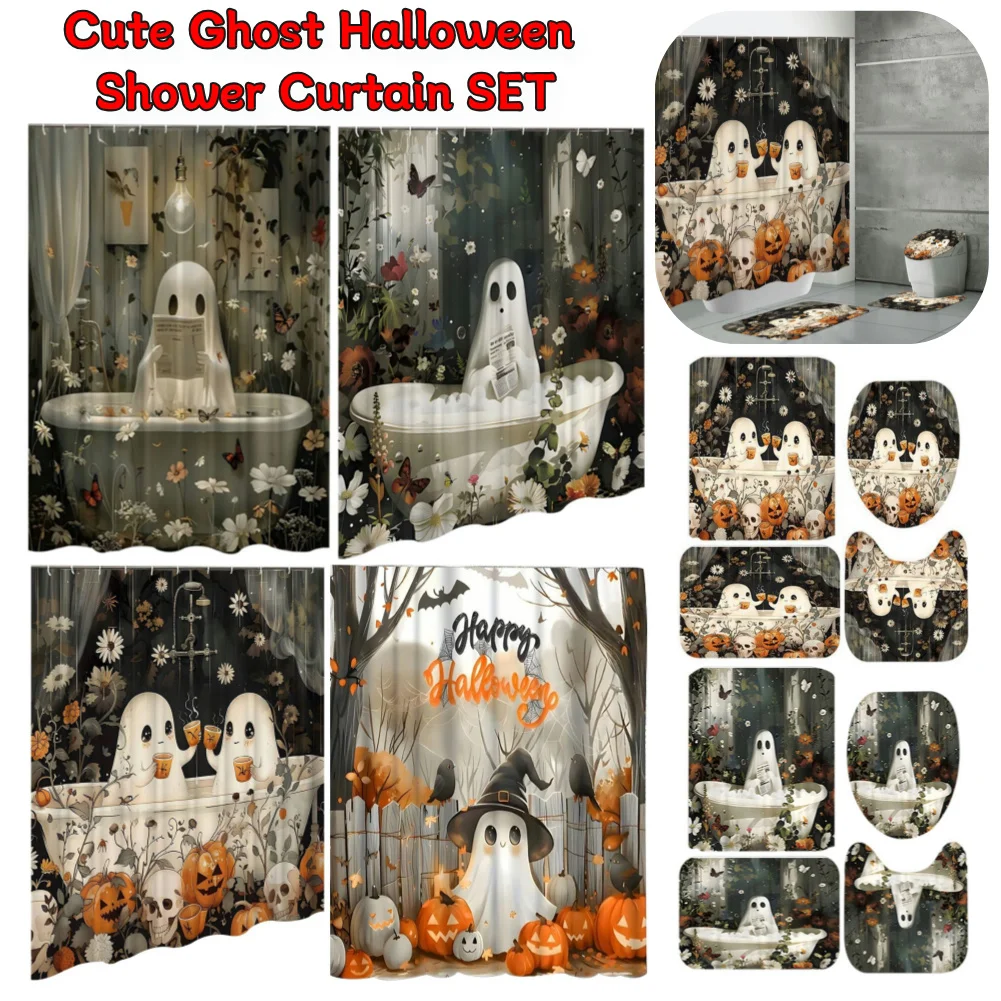 Cute Cartoon Ghost Shower Curtain Set Halloween Shower Curtain Washable Bathtub Curtain Polyester Fabric Spooky Bathroom Curtain