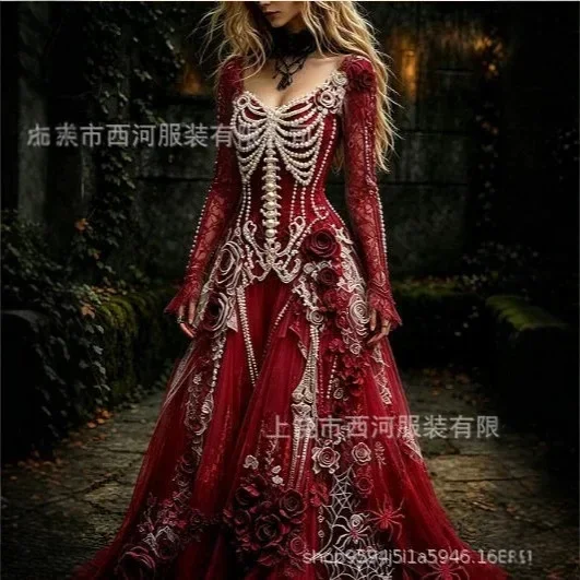 Women's Gothic Skull & Rose Maxi Dress – detail image 4