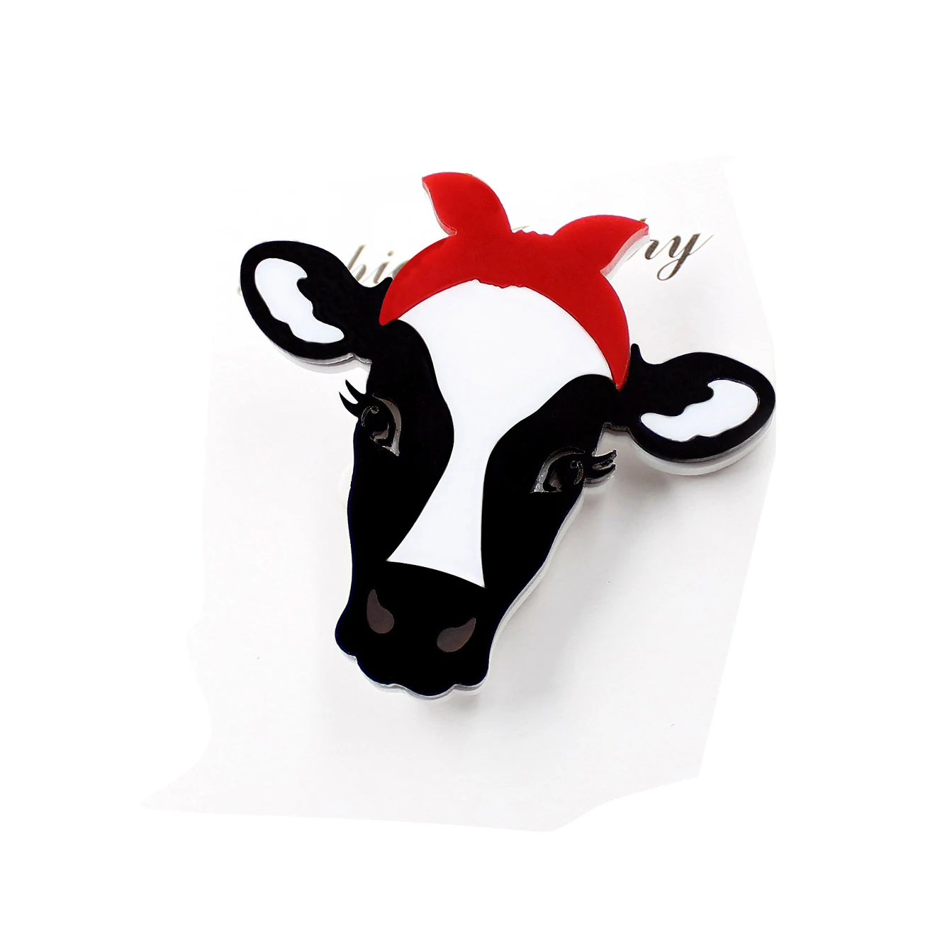 BR112 Acrylic Cow Brooch (Safe Pin) Holiday Statemnts Red Bow