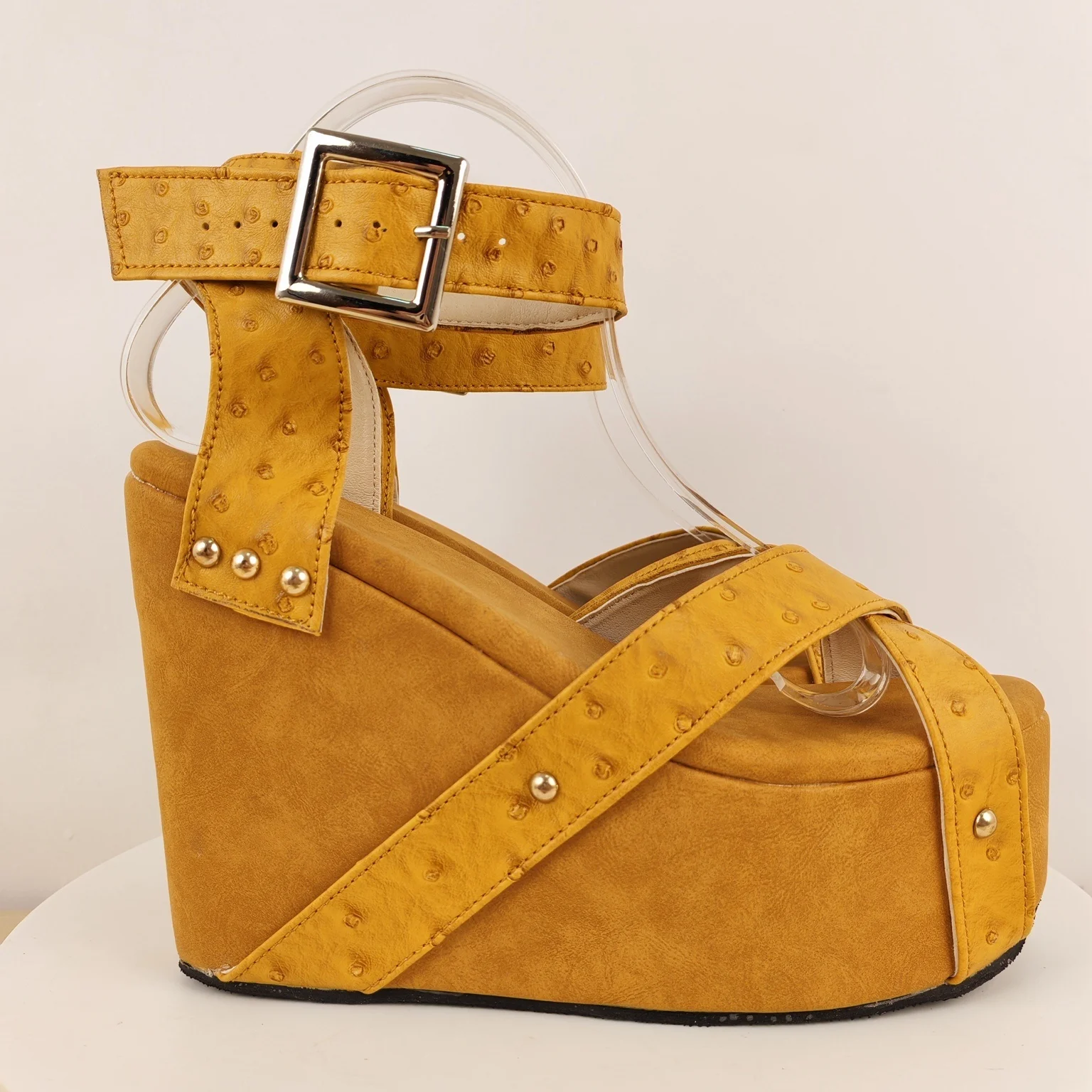 Women's Mustard Ostrich Embossed Platform Wedge Sandals Crisscross Strap with Ankle Buckle for Retro 70S & Festival Statements