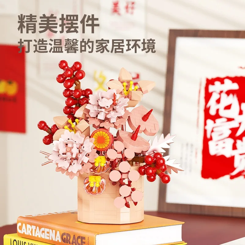 Creativity Bouquet Flower New Year Flower Basket Potted Home Decoration Assembled Micro Building Blocks Bricks Toys Gifts