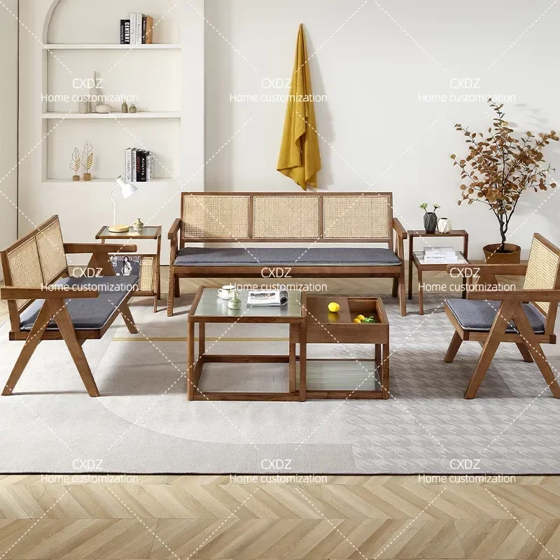 Rattan Solid Wood Sofa Retro Log Style Straight Row Single Double Three Seater Four Seater Ash Wood Sofa Set for Living Room