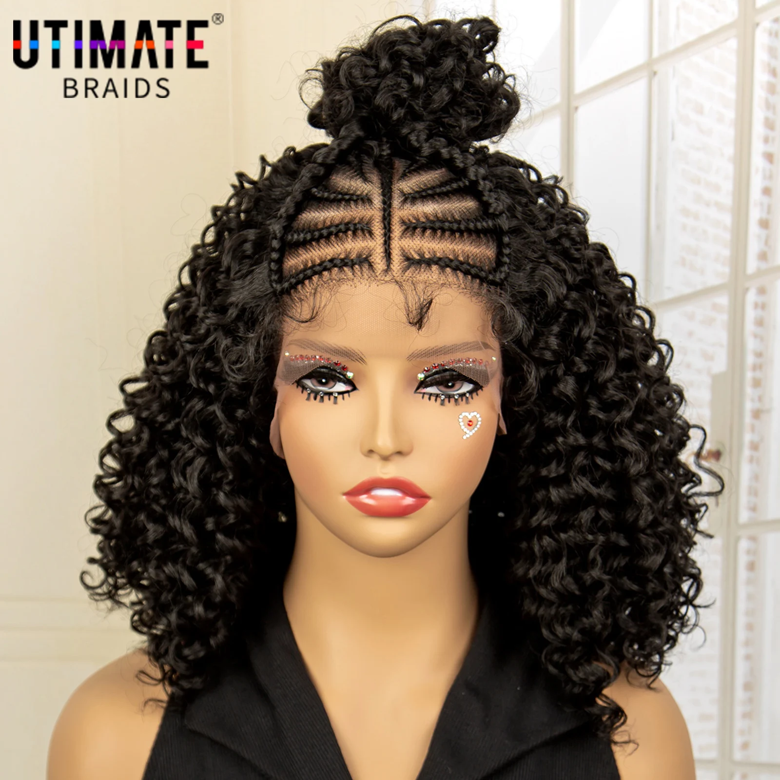 

Synthetic 13x4 Lace Frontal Braided Wigs Kinky Curly Hair Wigs Curly Bob Wigs with Buns for Afro Black Women with Baby Hair