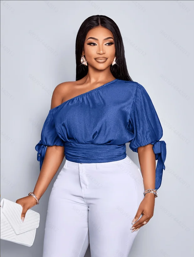 2026 Summer New Collection: One-Shoulder Puff Sleeve Tie-Up Short Top, European and American Style Waist-Revealing Shirt, Plus Size Women's Fashion for Dates and Commuting