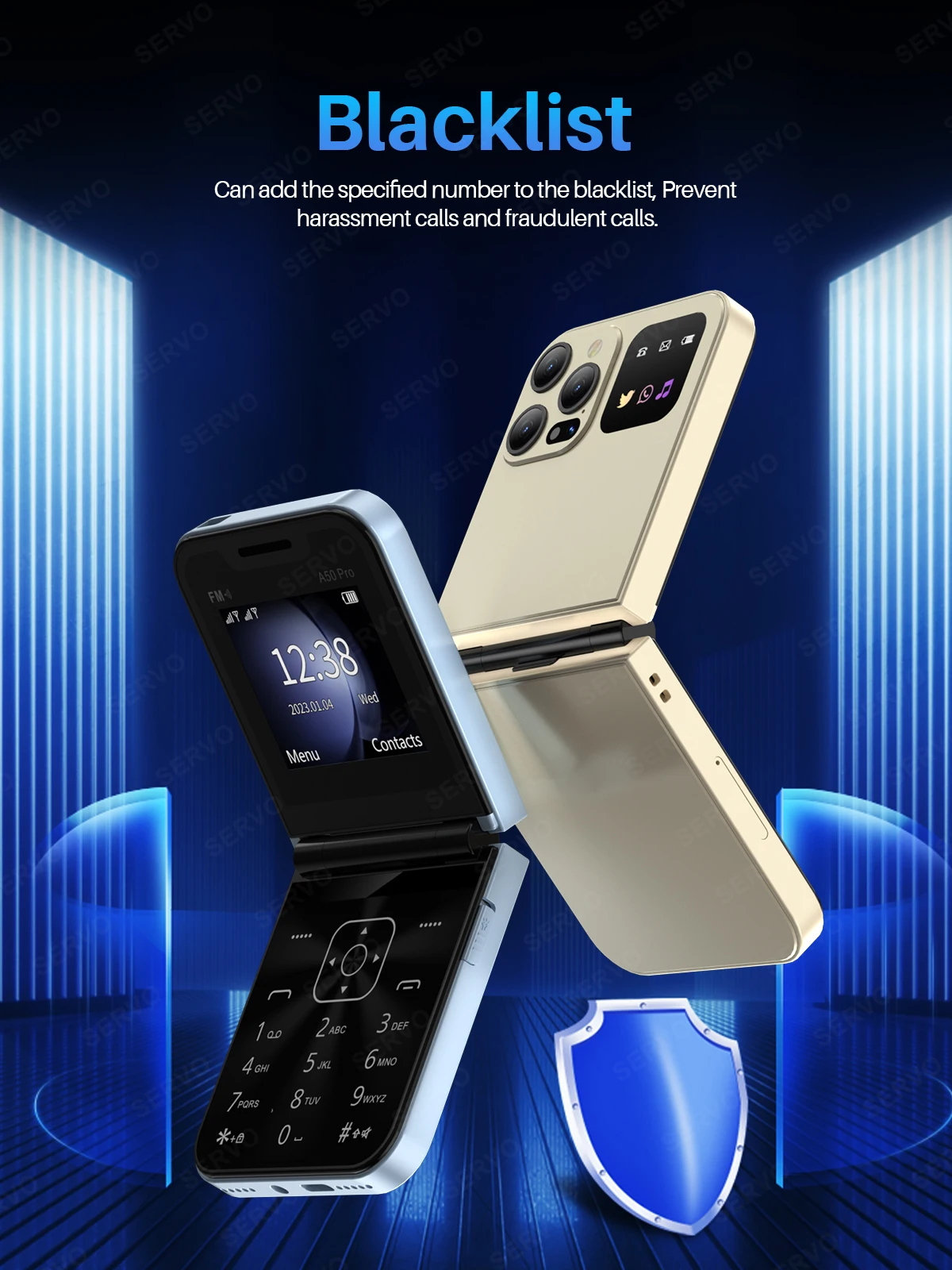 SERVO A50 PRO Foldable Mobile Phone Dual SIM Standby Call Recording Speed Dial Blacklist FM Radio 2G GSM Button Flip Cellphones