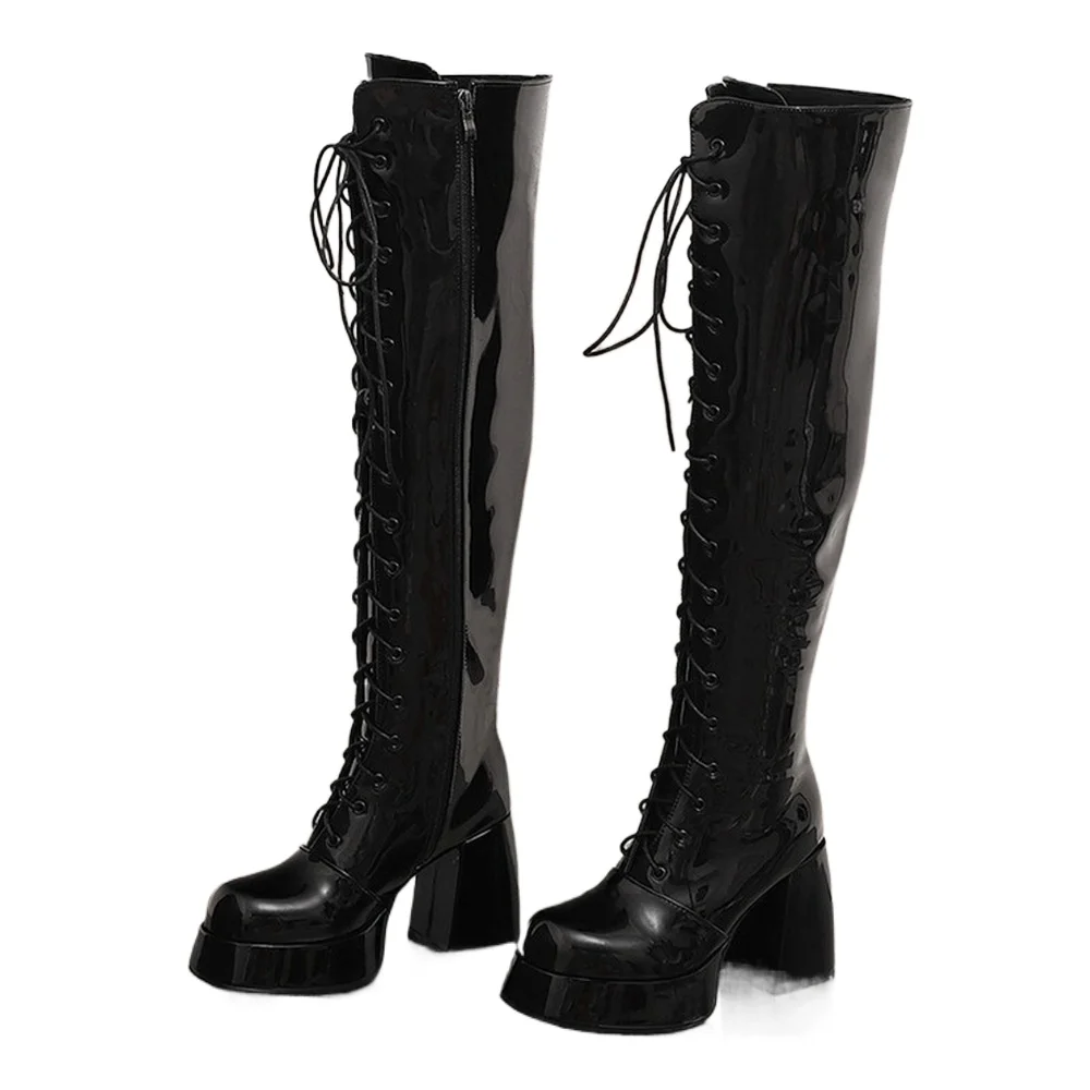 Women Patent Leather Knee High Boots Lace Up Inner Zipper Platform Block Heel Fashion Boots Plus Size 35-48
