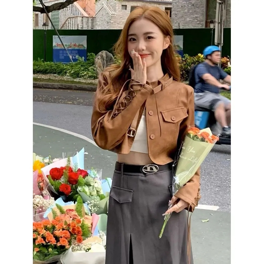 Brown Motorcycle Jaet Women's ort Sle Hong Kong Faion Retro Spring Autumn New Ins Small Size PU Leather Coat Top