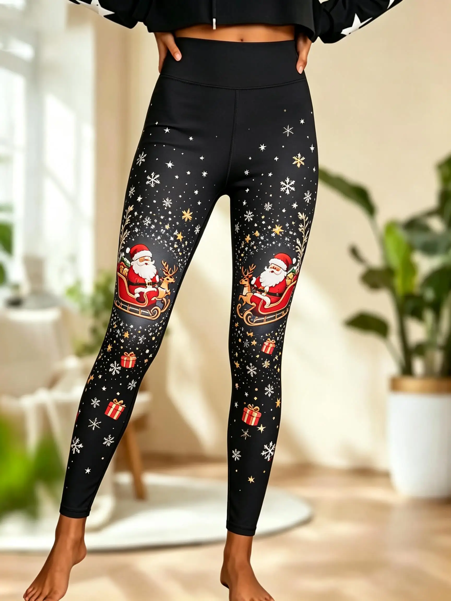 Women Fleece-Lined Mid-Rise Leggings Christmas Santa Sleigh Snowflake Star Gift Print Slim Warm Pants