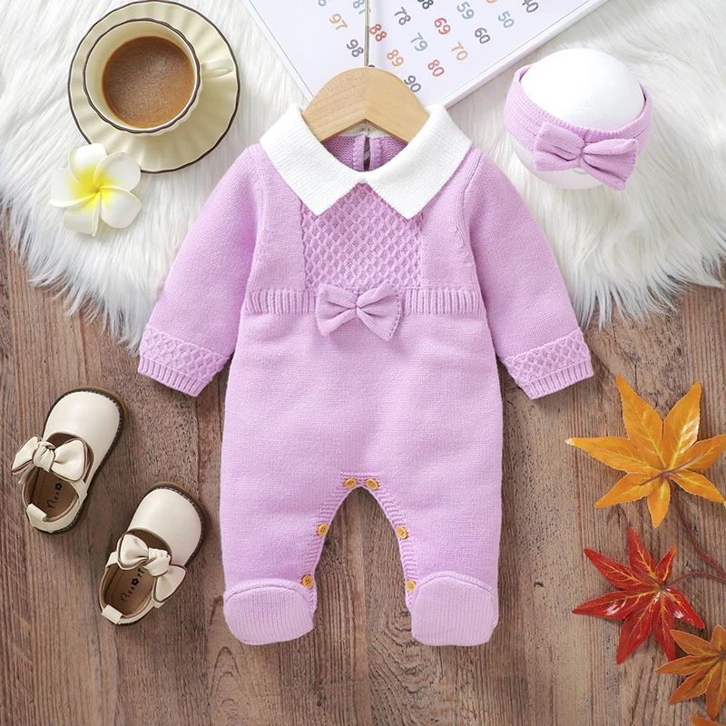 Winter Newborn Girls Rompers Clothes Autumn Purple Turtle Neck Long Sleeve Infant Kids Knitted Jumpsuits Headband Set 2pcs 0-18m