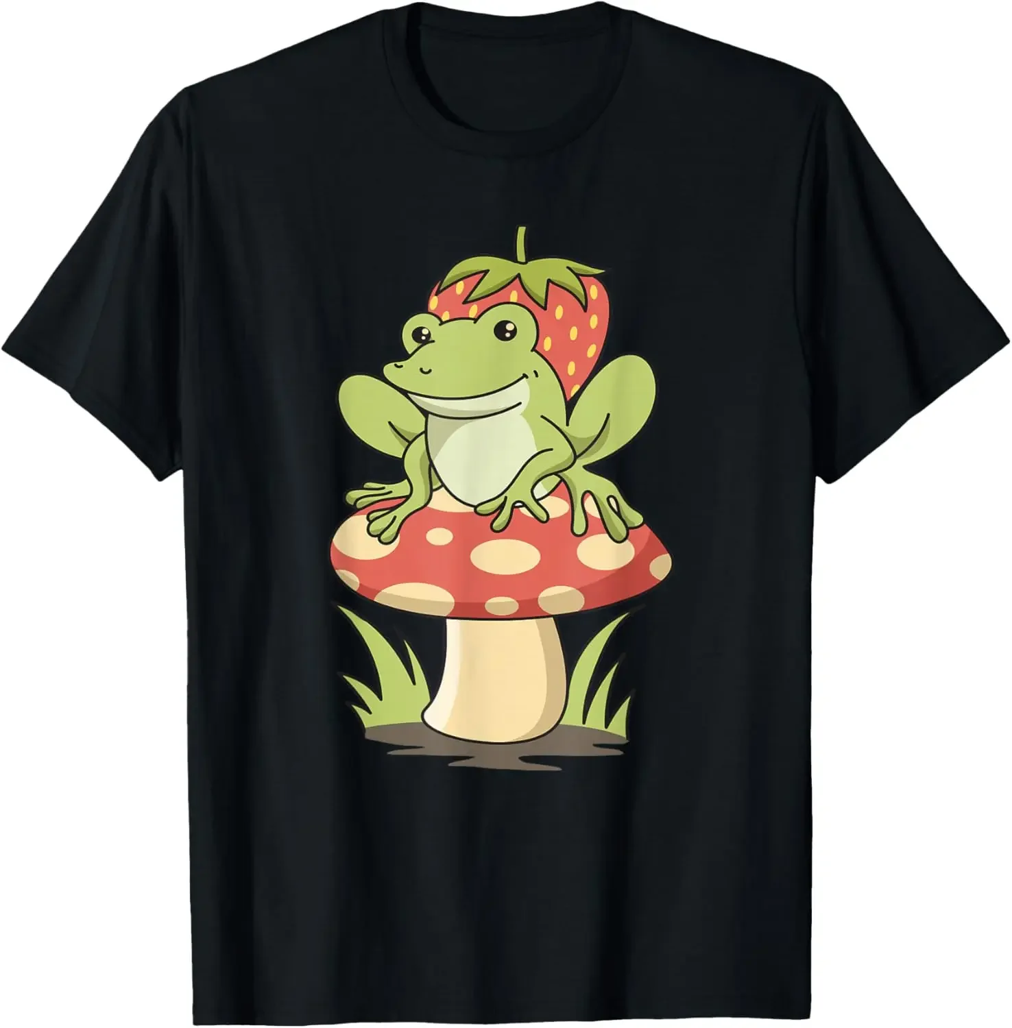 

Frog Strawberry Mushroom Cottagecore Aesthetic Graphic Tee Men Casual Round Neck T-Shirt