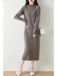 Autumn Winter Women's Dress Cashmere Sweater Pullover 100% Merino Wool Knitwear Mock Neck Long Sleeve Basic Soft Straight Skirts