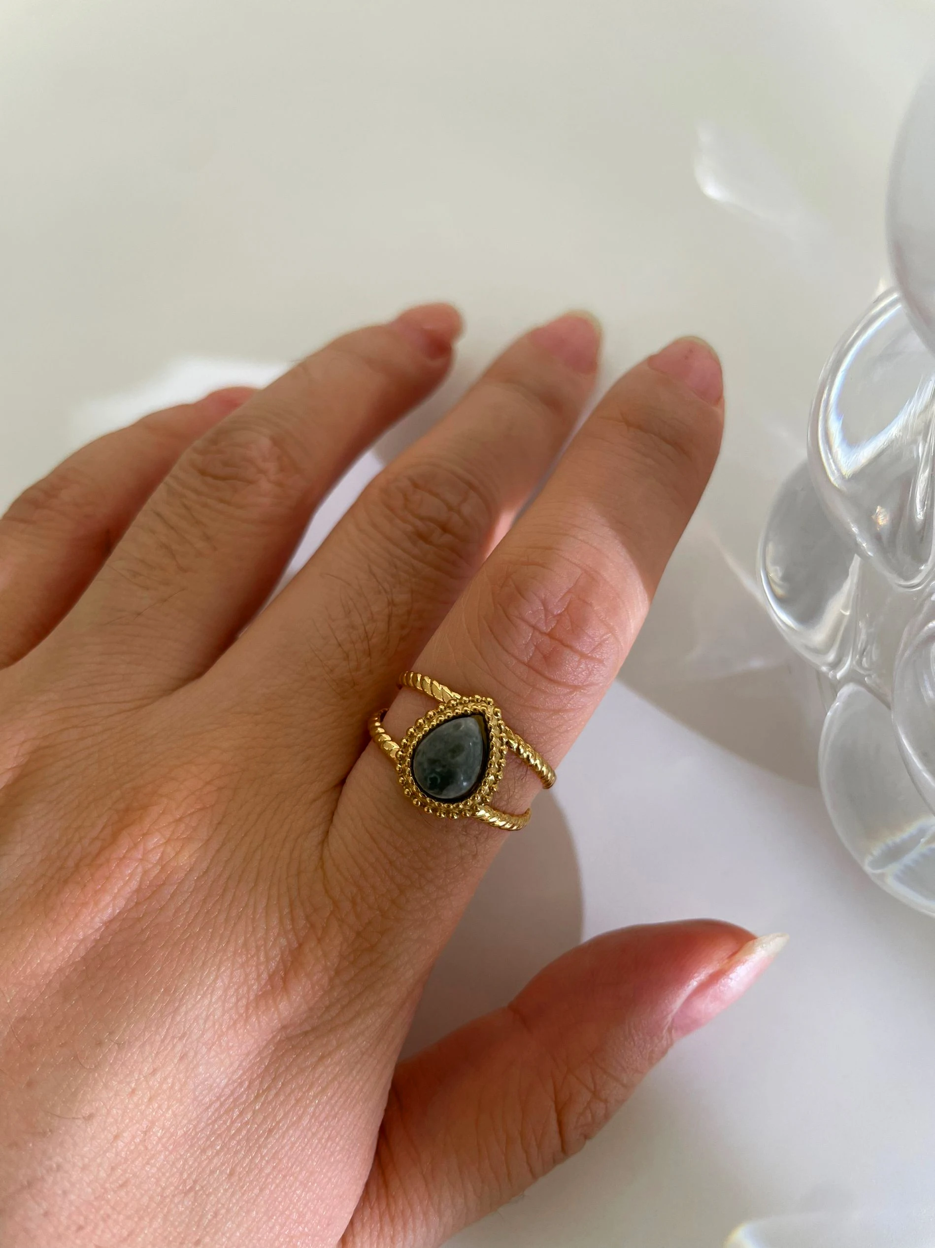 Peri'sbox Tarnish Free Titanium Steel Natural Stone Gold Plated Layered Hollow Open Rings France Stylish Vintage Women's Jewelry