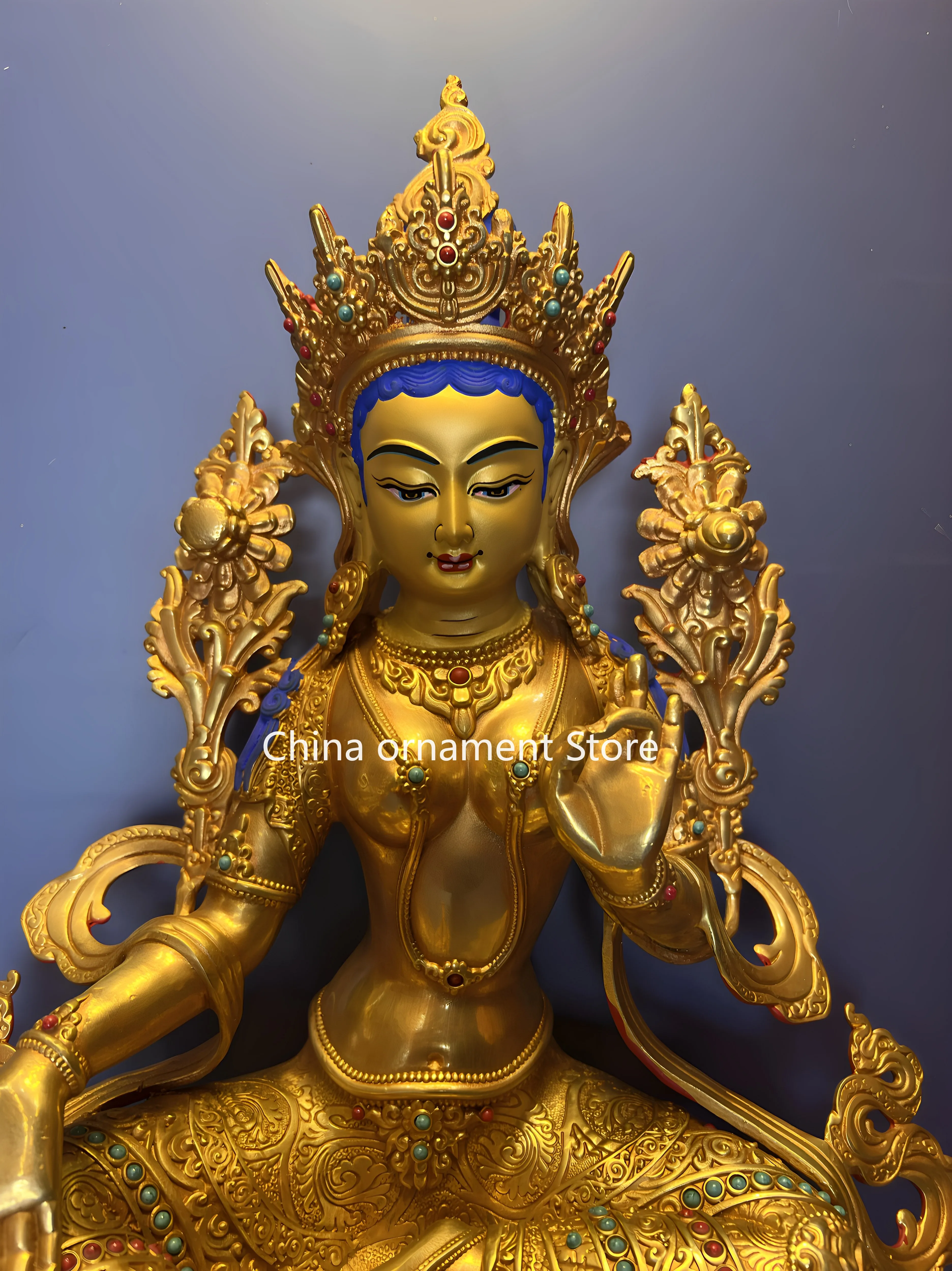 Pure copper full gilt Xizang craftsmanship Tibetan Tantra pure copper gilt green Tara Buddha ornament height 33 cm