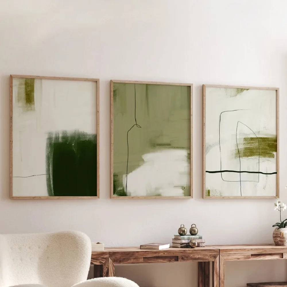 3pcs frameless Canvas Painting  Frameless Scandinavian Nordic Wall Art, Emerald Green Line Art Prints, Minimalist Scandinavian S