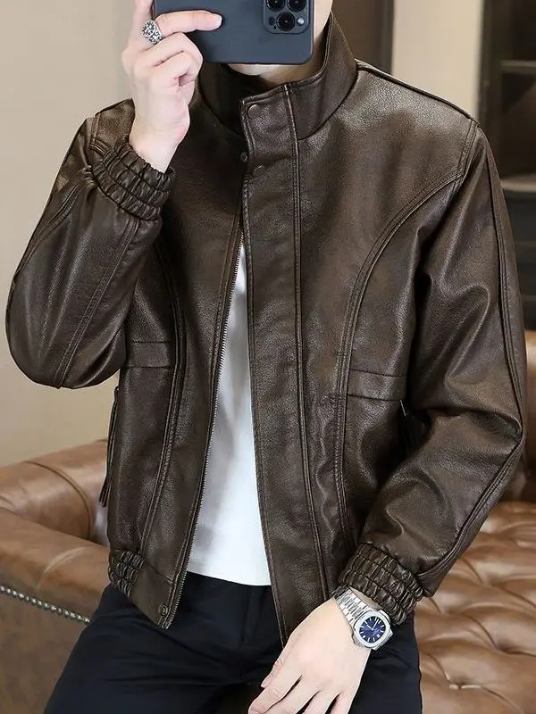 

Мужская кожаная куртка Sli Simptic с воротником-стойкой, модная универсальная верхняя одежда с длинными рукавами, на молнии, зимнее пальто