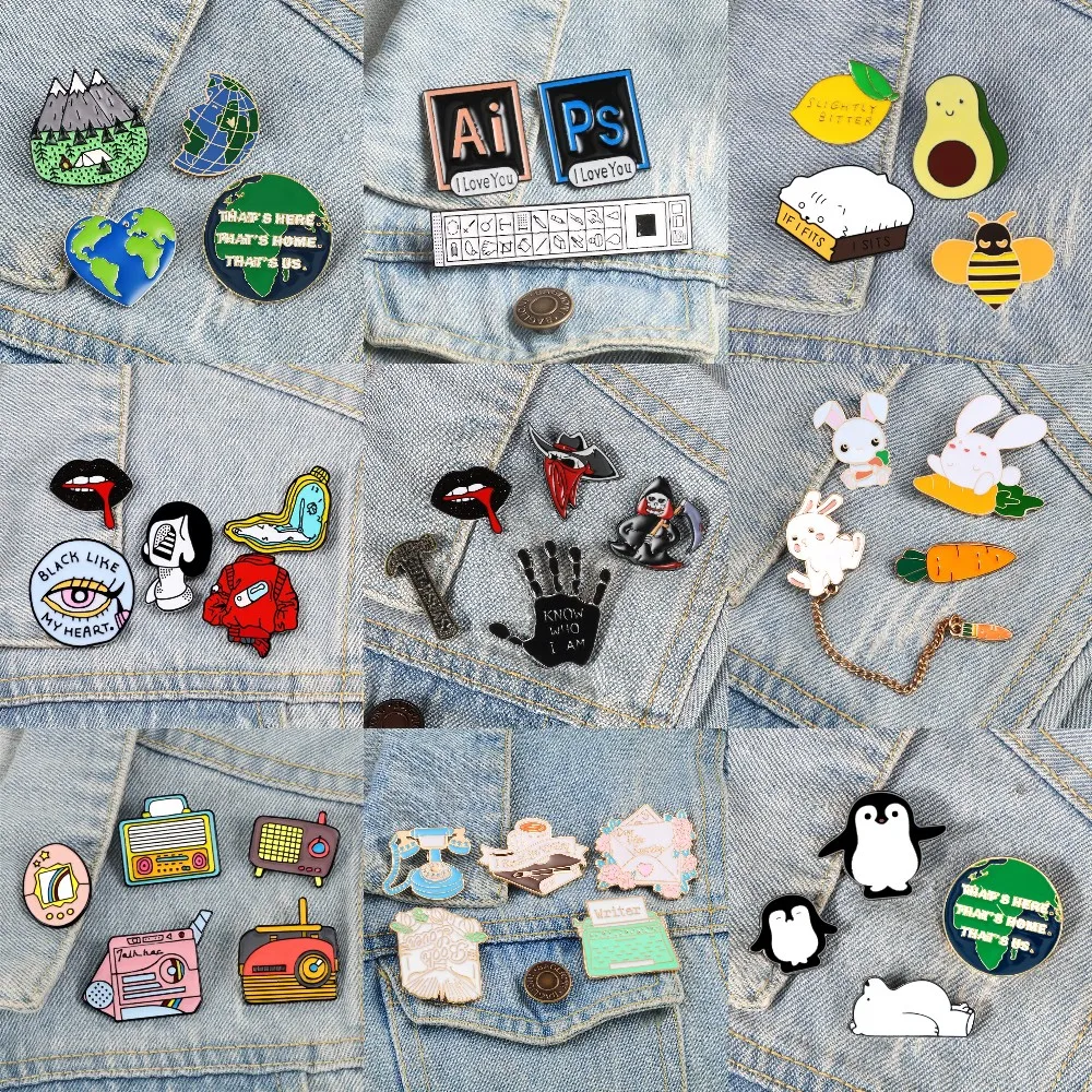 3-5PCS Cartoon Brooch Punk Horror Hell Cute Rabbit Earth Enamel Pins Penguin Polar Bear Photoshop Ps Ai Badges Bag Pin Wholesale