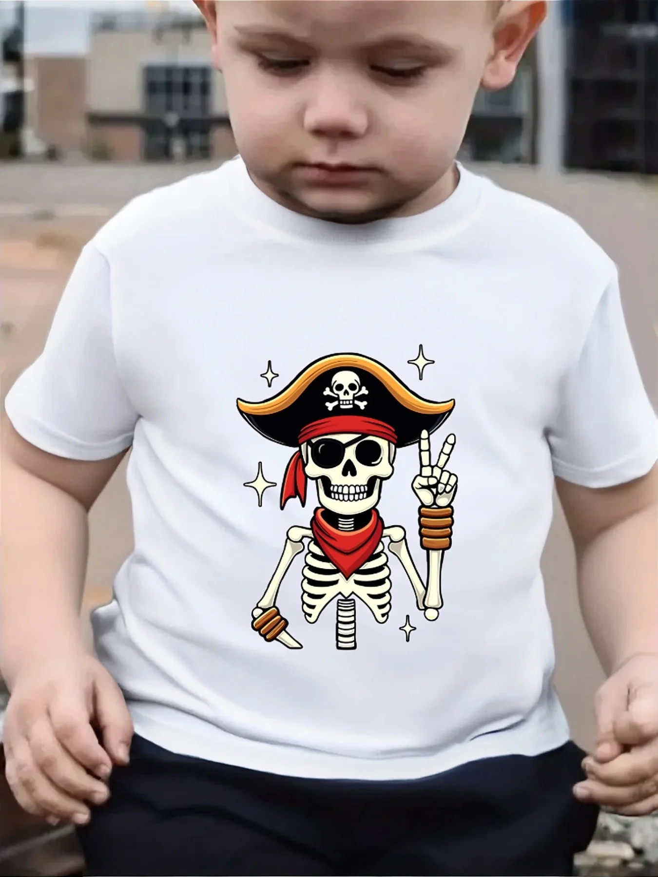 Cute Pirate Skeleton Halloween Cartoon Art Graphic Print Family Matching Short Sleeve Tee Boys Girls Kids Casual Daily Tops