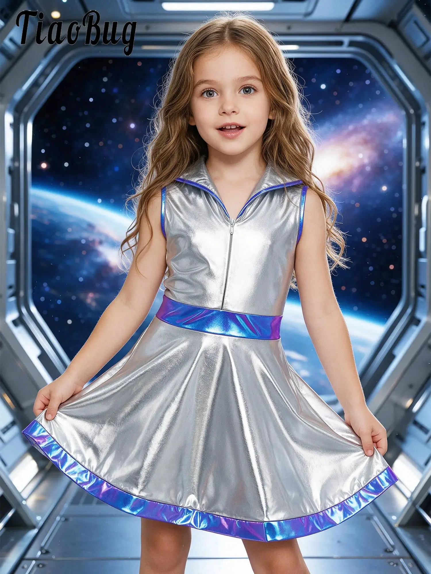 Kids Girls Astronaut Dress-up Costume Glossy Alien Tutu Dress Halloween Future World Party Space Cadet Leotards Dress Dancewear