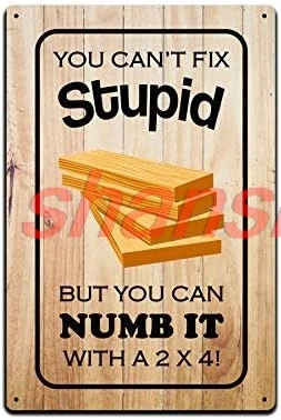 JP's Parcels Tin Sign Man Cave Décor - Metal Signs 12 x 8 in. You Can't Fix Stupid But You Can Numb it with a 2 x 4 1PC shan