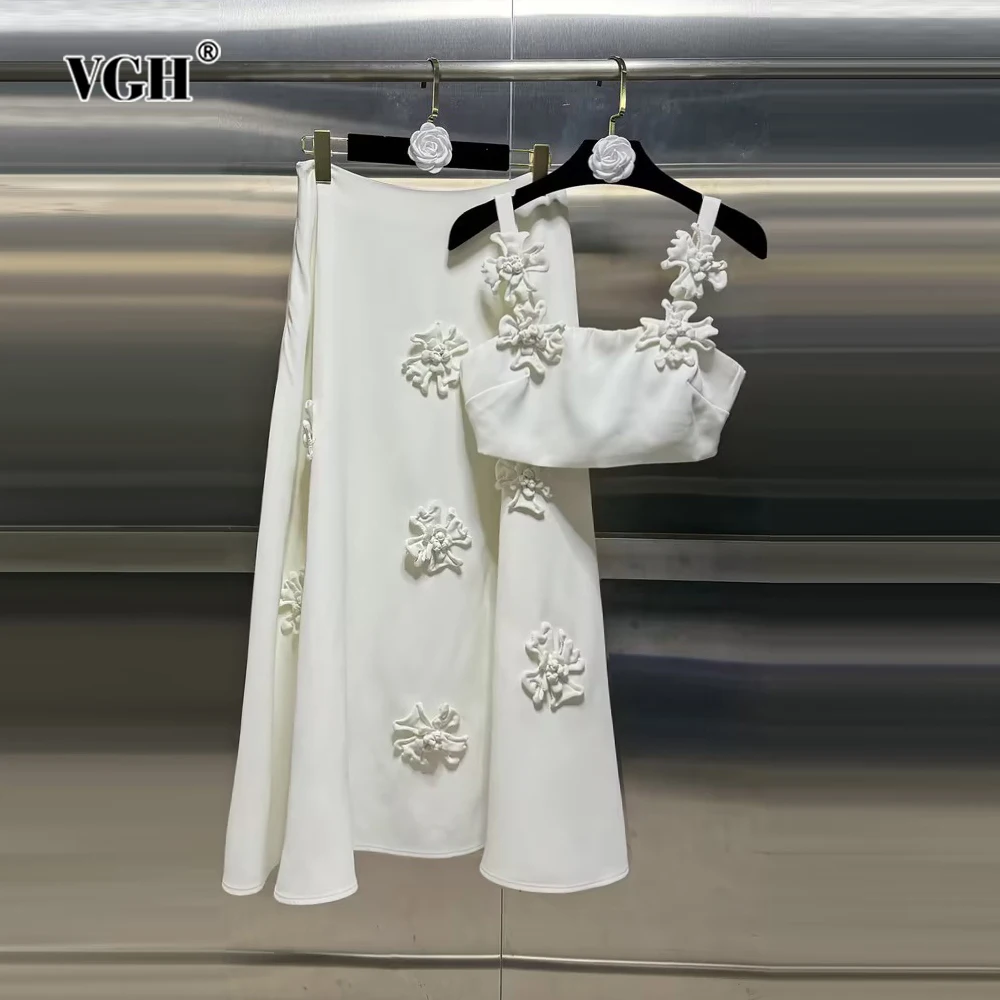 VGH Casual Two Piece Sets For Women Square Collar Sleeveless Tops High Waist Long Skirts Solid Spliced Appliques Set Female New