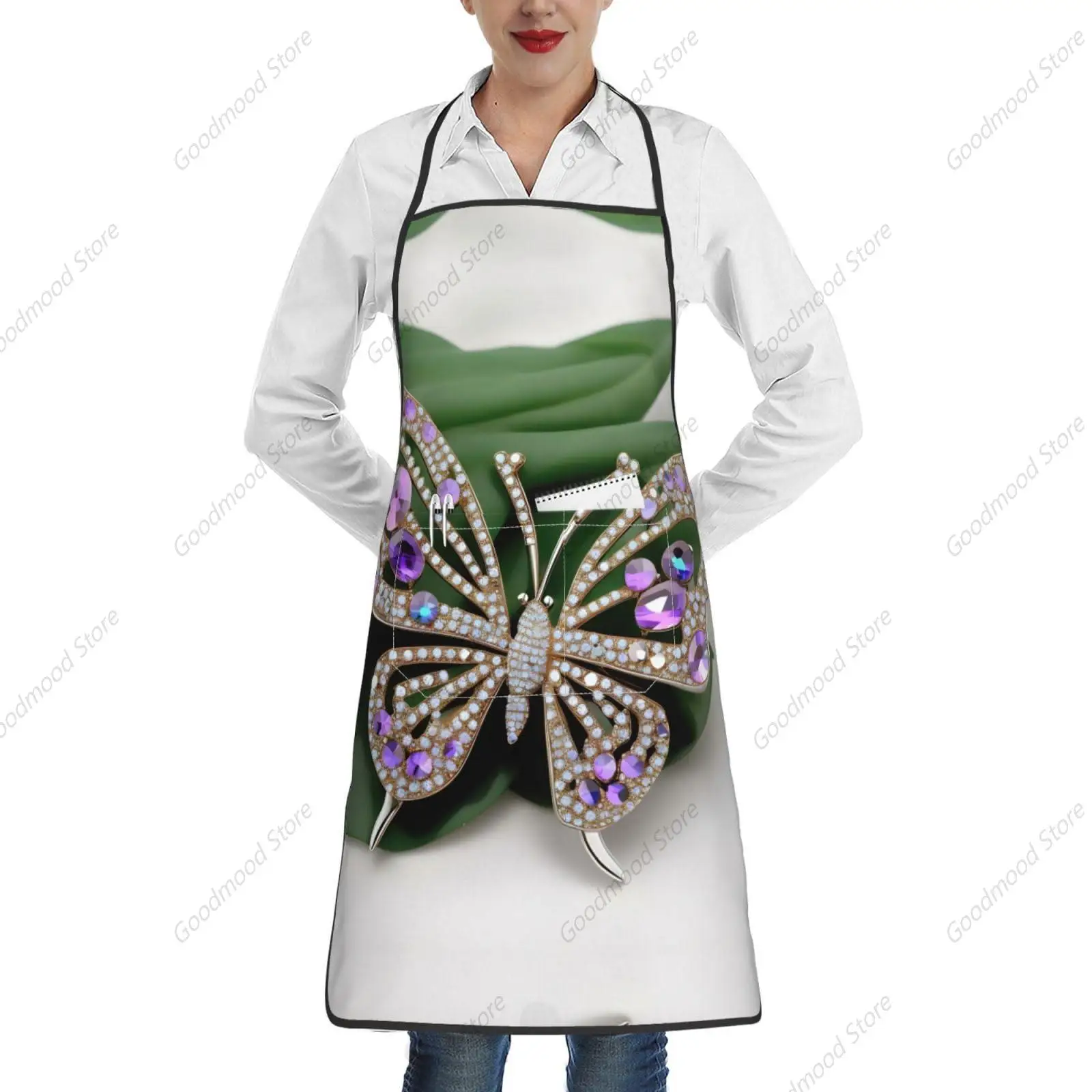 Rhinestone Butterfly Print Cooking Aprons Grilling Bbq Kitchen Apron With Pockets Cooking Kitchen Aprons For Women Men Chef