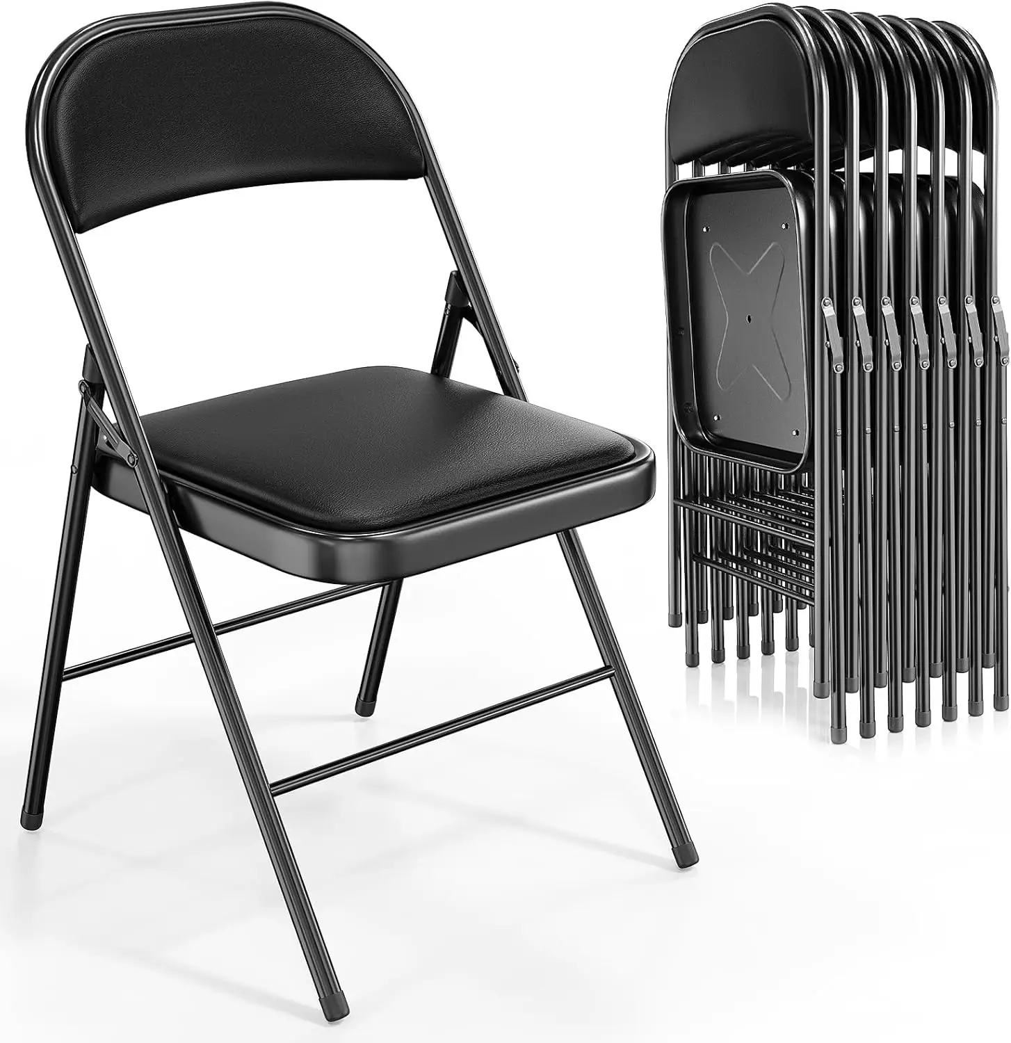 Folding Chairs with Padded Seats, Metal Frame with Pu Leather Seat & Back, Capacity 350 lbs, Black, Set of 10