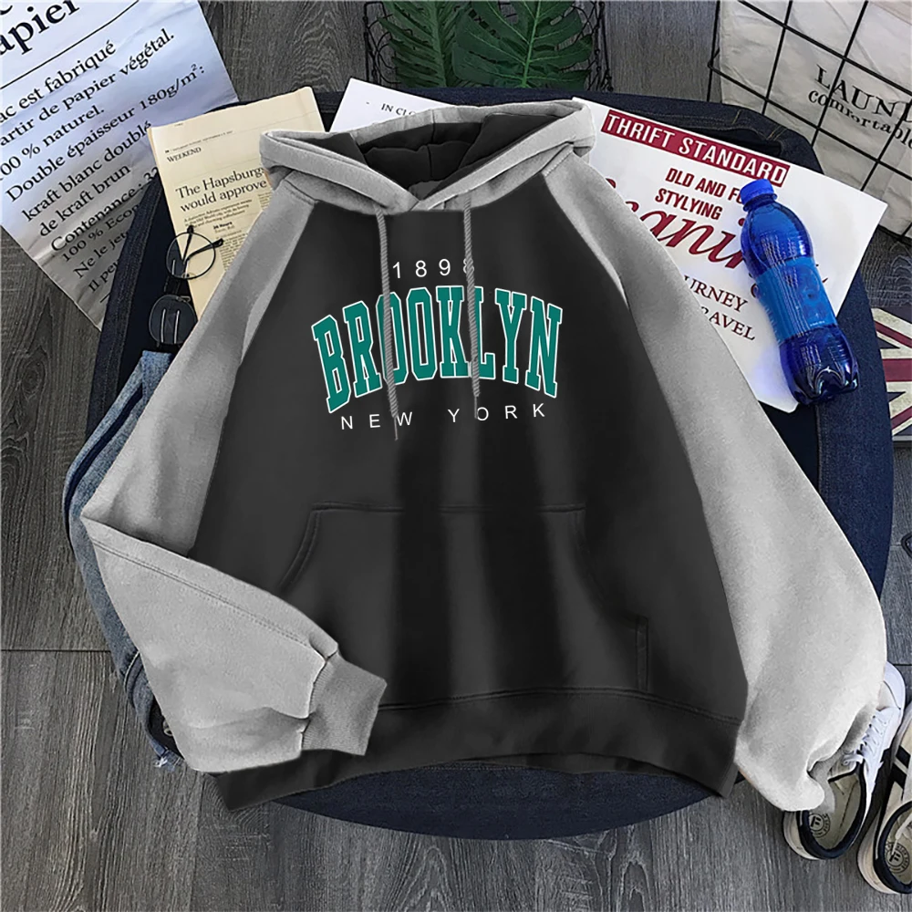 1898 Brooklyn NEW YORK Letter Printed Women Hoodies Crewneck Vintage Clothes Autumn Warm  Raglan Tops Loose Creative Sweatshirts