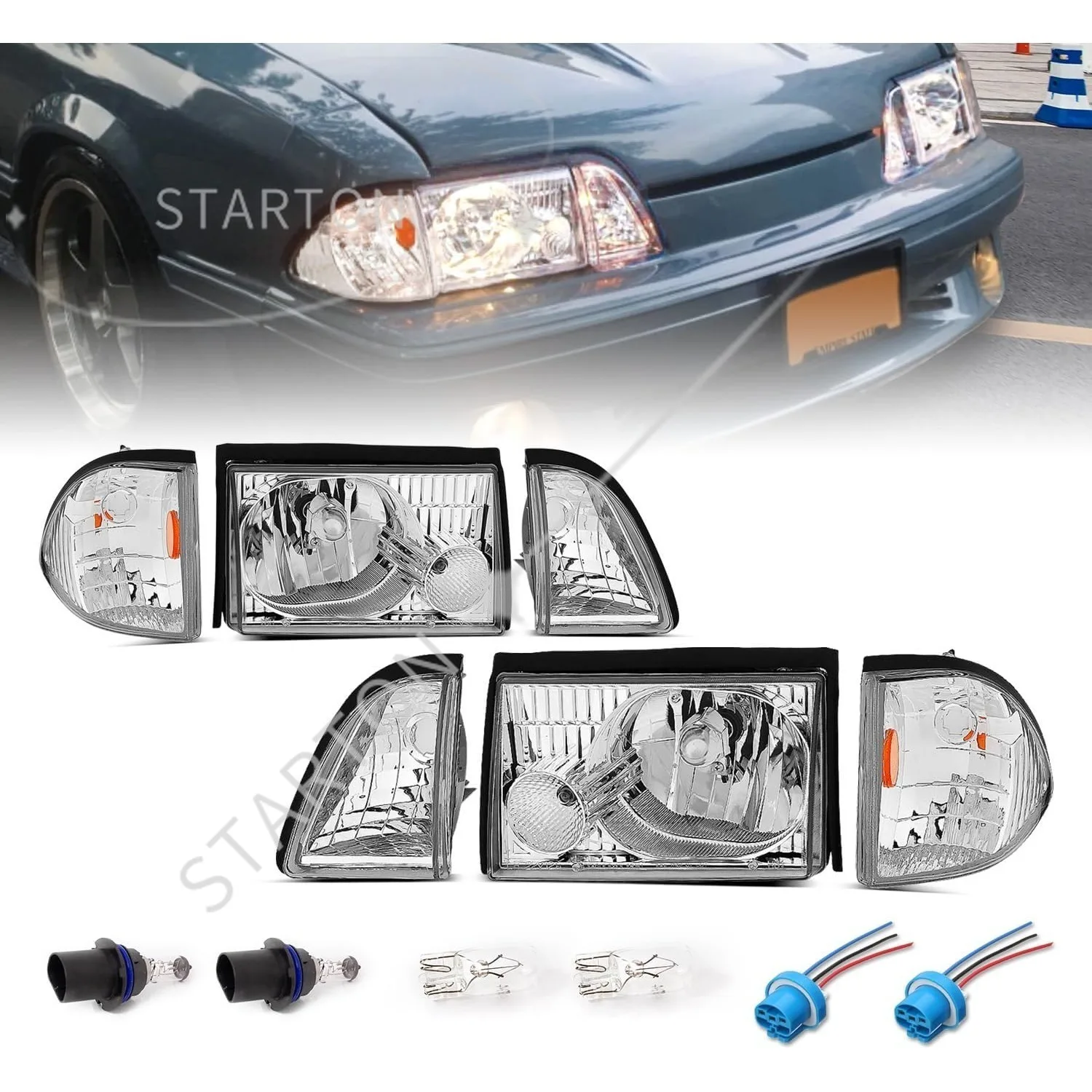 Chrome Replacement Headlights Corner Turn Signal Sets For 87-93 Ford Mustang - Passenger