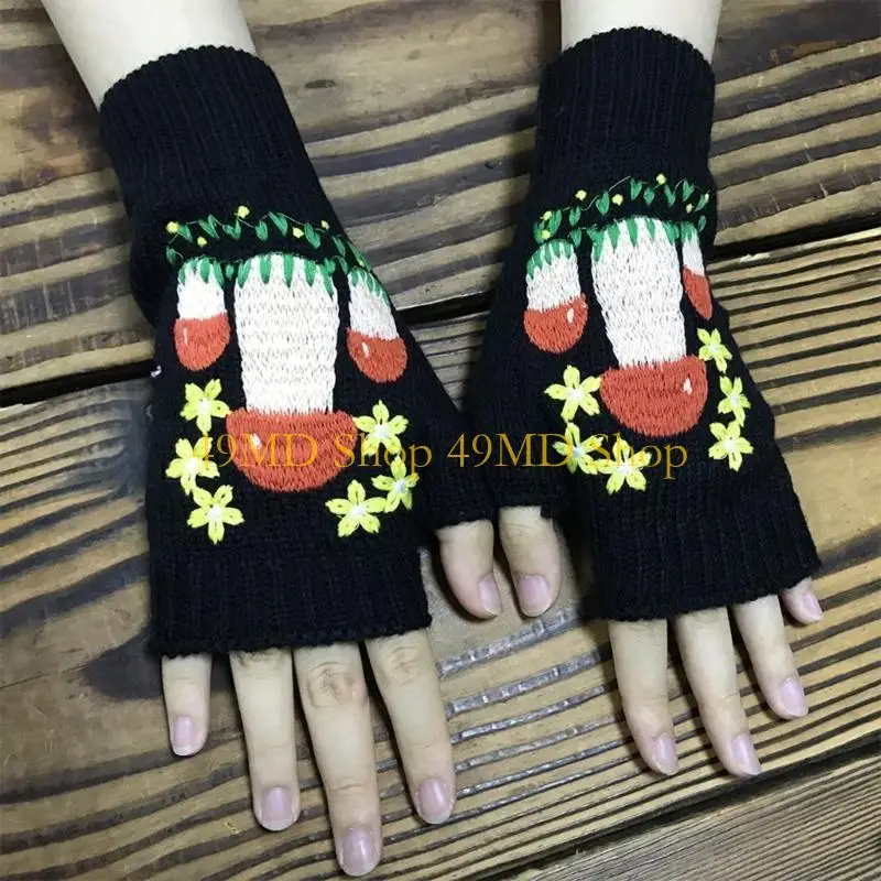 49MD Knit Glove Winter Half Finger Mitten Stretchy Crochet Mushroom Pattern Ski Glove