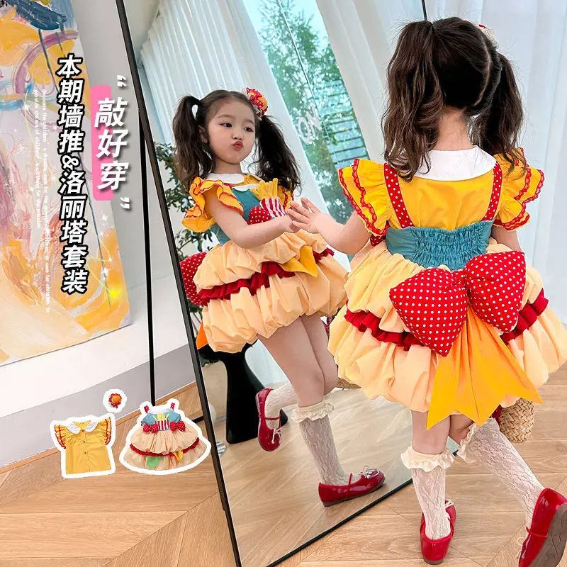 Estate Lolita Ball Gown Sweet Cute Girls camicie per bambini + bretella 2 pezzi abiti Bow Dress Princess Birthday Party abbigliamento per bambini