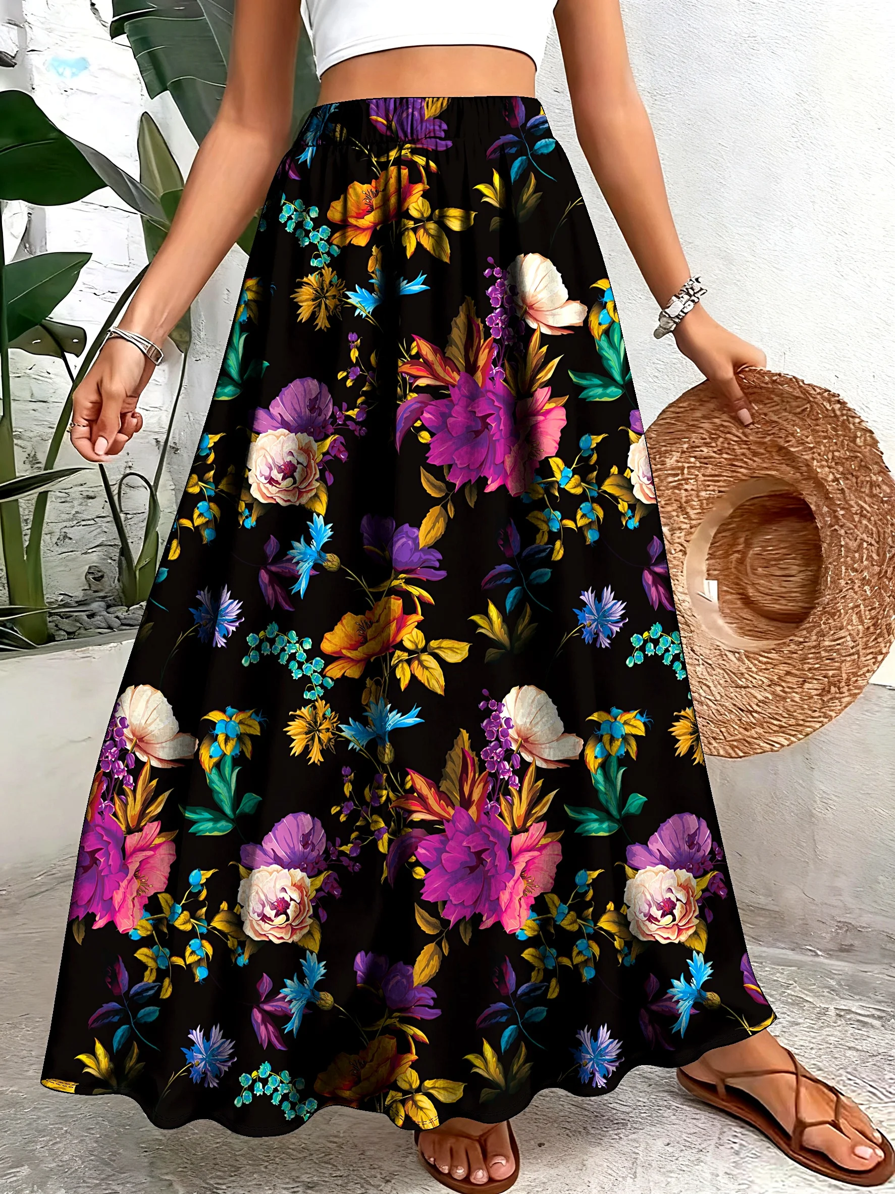 Vintage Floral Print Midi Skirt Women High Waist Elastic A‑Line Swing Long Skirt Holiday Party Casual Bottoms