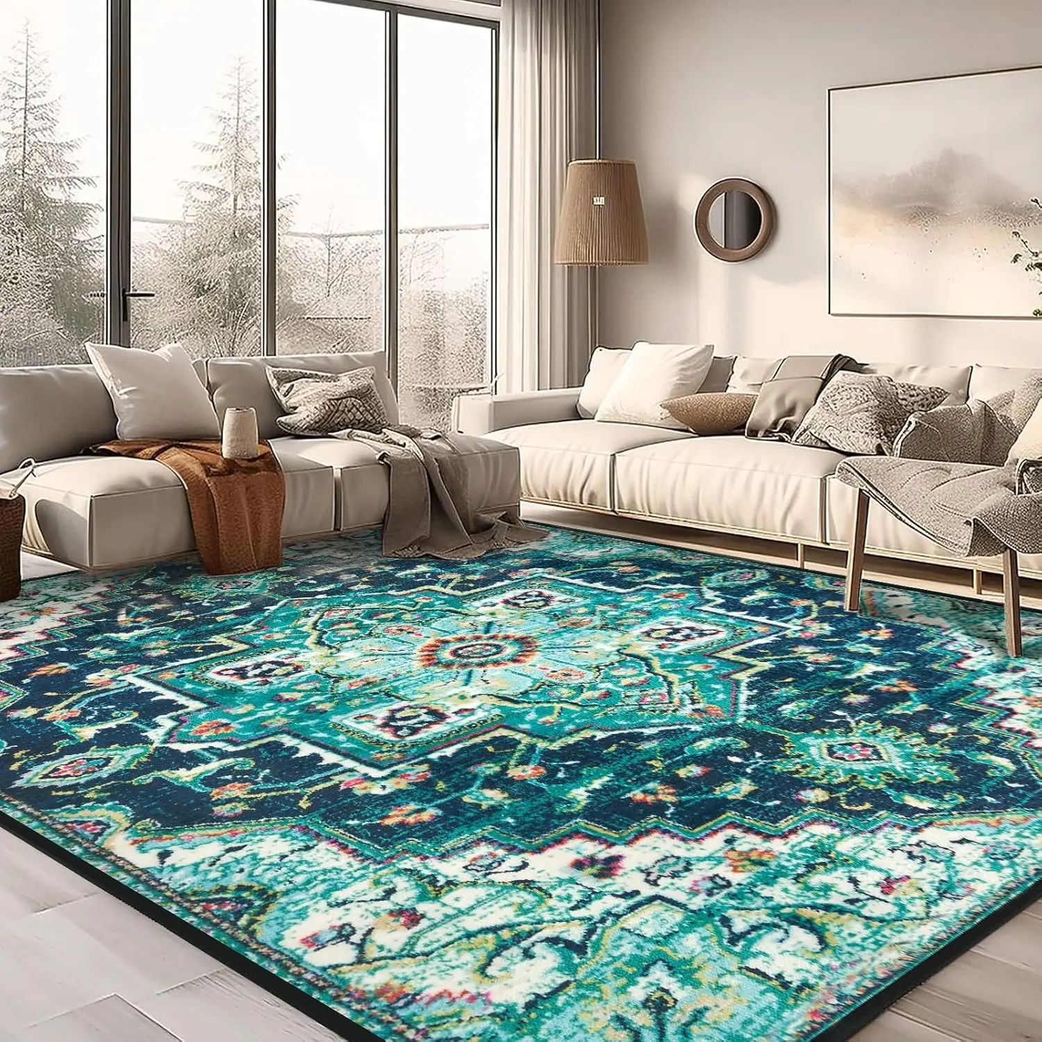 Area Rugs  Washable Soft Living Room Rug, Vintage Boho Non-Slip/Non-Shedding Print Floor Carpet for Dining Room, Bedroom-Green