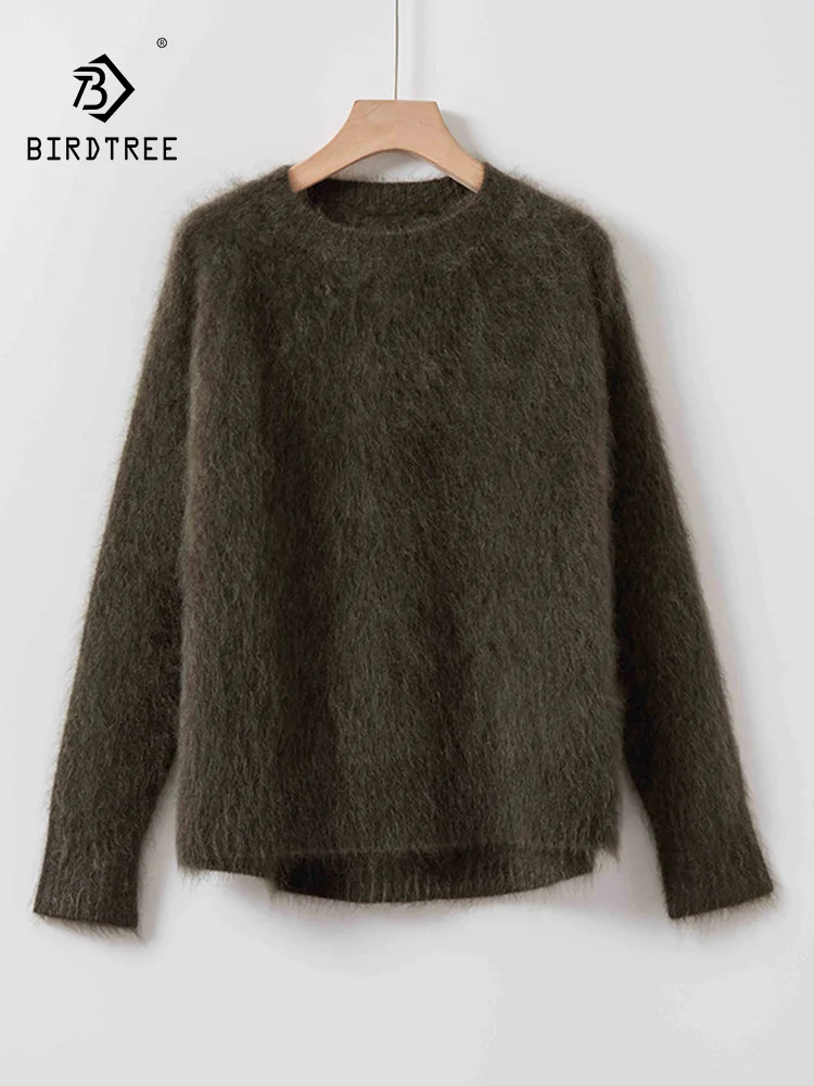 Birdtree 342G 100% Albas Cashmere Sweater, Women Fluffy Brushed Warm O Neck Long Sleeve,Knit Pullovers,Autumn Winter T4N532JC