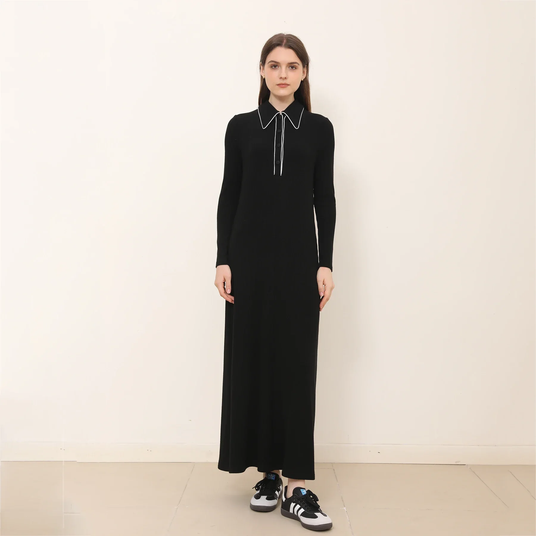 AP 25AW Women Turn Down Collar Maxi Dress Casual Rib Knit Clothing Fashion Imitation wool