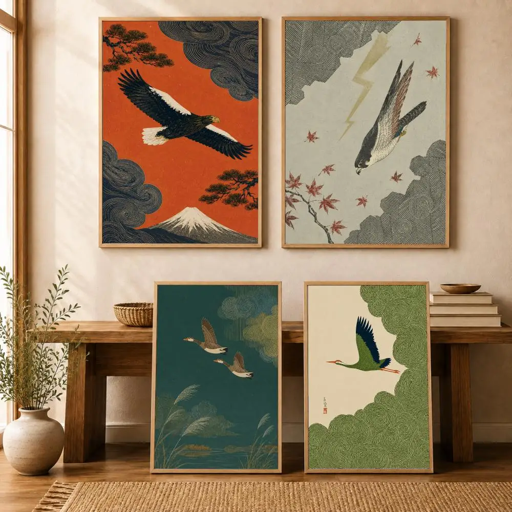Japanese Crane in Swirling Cloud Skies Calligraphy Canvas Painting for Bedroom Living Room Home Decor Decoration Decals Gift